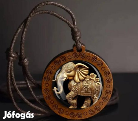 bőr fa arany elefánt motívumokkal díszített nyaklánc