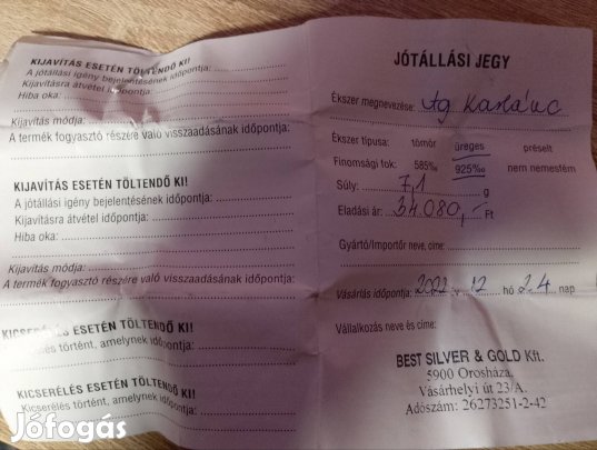 ezüst ékszer eladó