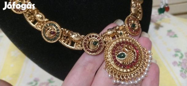 gold plated elephant and swan print stones pearls Indian jewellery set