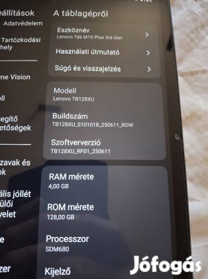 lenovo Tab M10 plusz 3rd Gen.  4/128. sim kártyás 