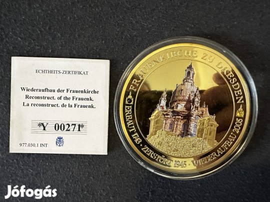 óriás érem 110g 70mm újjáépítés drezdai templom 70 mm aranyozott
