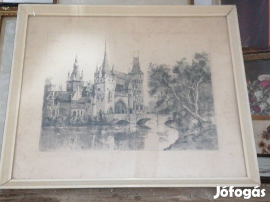 régi Vajda Hunyad vára rézkarc signózott