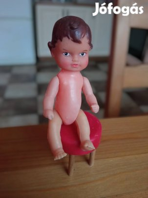 retro, régi baba, játékbaba, székkel, 11 cm