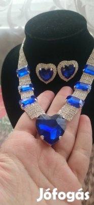 royal blue strassz és kristály köves szív mintás nagy ékszer szett 