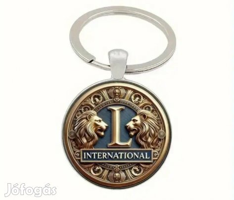 új L betű és két oroszlán fej mintás kék kulcstartó 