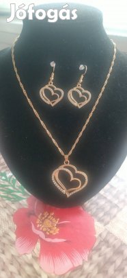 új dupla szív mintás strasszköves arany színű ékszer szett 