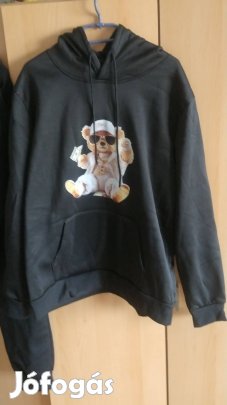 új fekete macis trendi zsebes kapucnis gumis derekú melegítő szett 