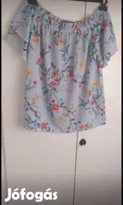 új kék virág mintás fodros alkalmi blúz, felső 