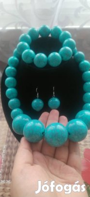 új nagy türkiz ásvány gyöngyös komplett nagy ékszer szett