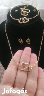 új strasszköves dupla szív mintás arany színű ékszer szett 