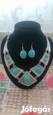 új türkiz nagy ásvány köves virág mintás ékszer szett 