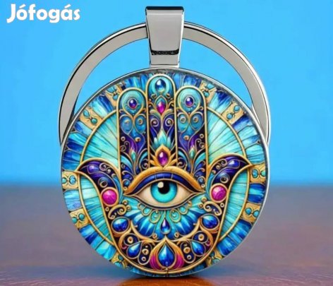 új türkiz nyitott szem és kéz mintás medálos kulcstartó 