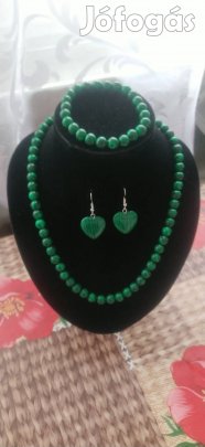 új zöld fekete csíkos malachit ásvány gyöngyös komplett ékszer szett 